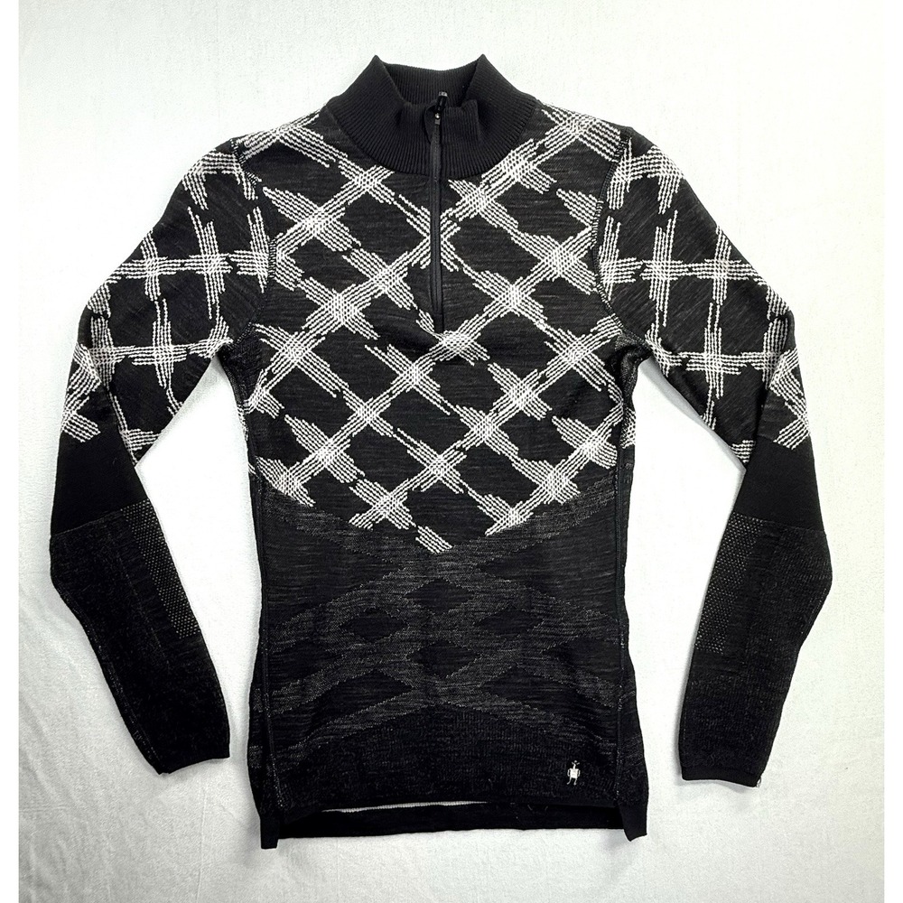 SmartWool Intraknit 200 Pullover  1/4 Zip Sweater Women S Black White Base Layer